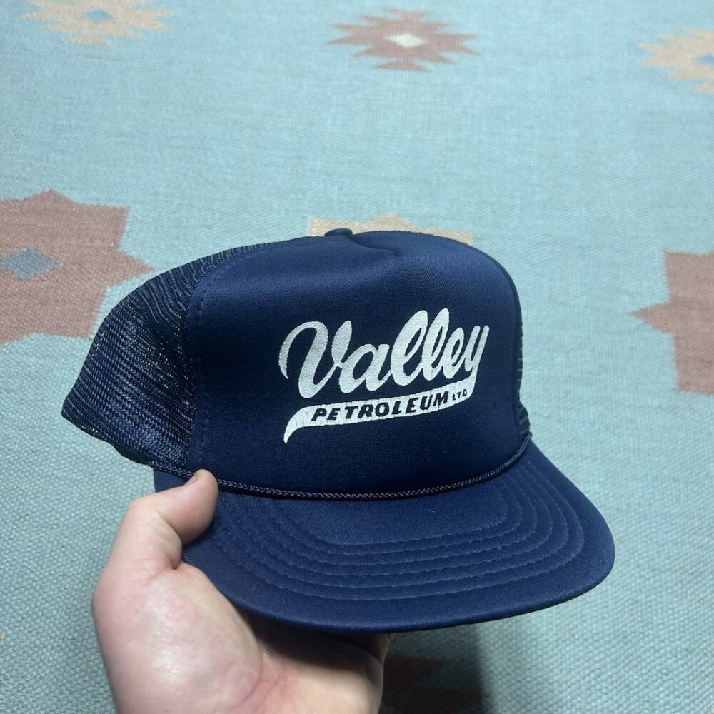Vintage trucker hat mesh cap valley petroleum oil blue Michigan spell out snap